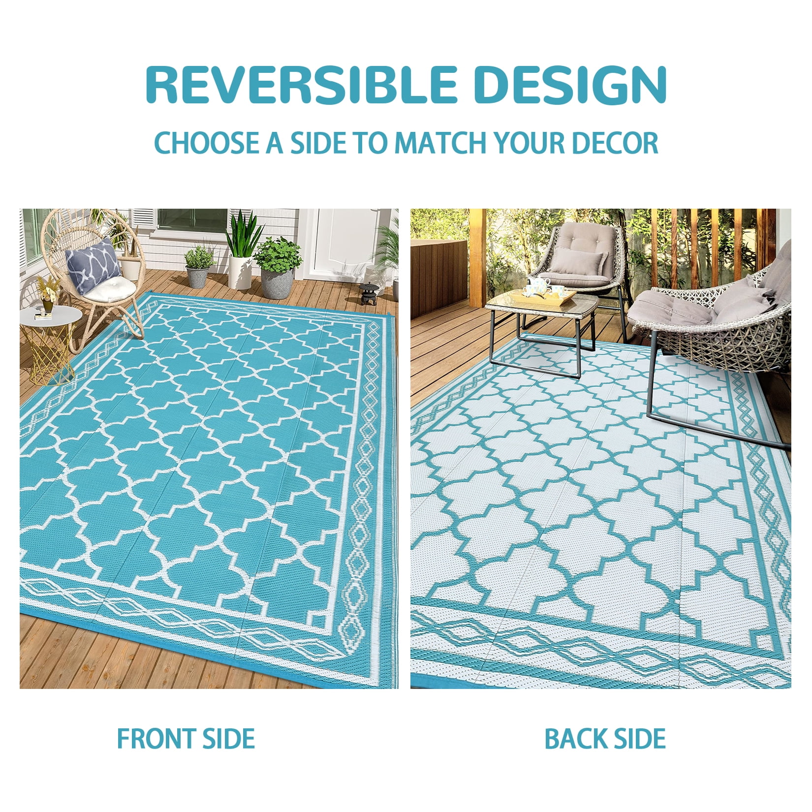 GlowSol Moroccan Outdoor Rug 6x9 Reversible Plastic Straw Rug Indoor Outside Modern Floor Mat Rug for Outdoors RV Backyard Deck Picnic Beach Camping, Light Blue/White