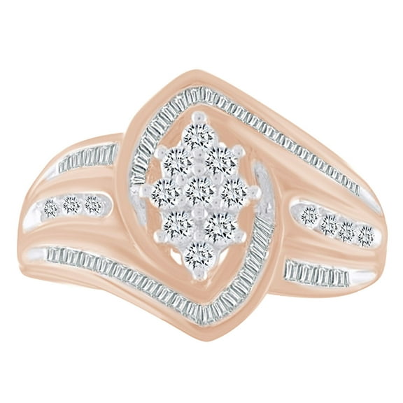AFFY Baguette & Round Shape White Natural Diamond Marquise Cocktail Ring In 10k Solid Rose Gold (0.5 cttw)