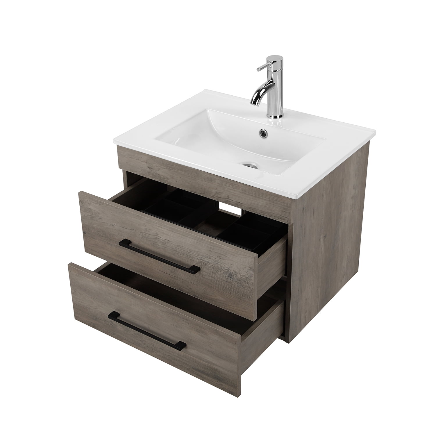 Demi Bonn 24" Wood Grain Wall-Mounted Bathroom Vanity with Ceramic Sink and 2 Soft-Close Drawers, Faucets and Drains Not Included, Gray