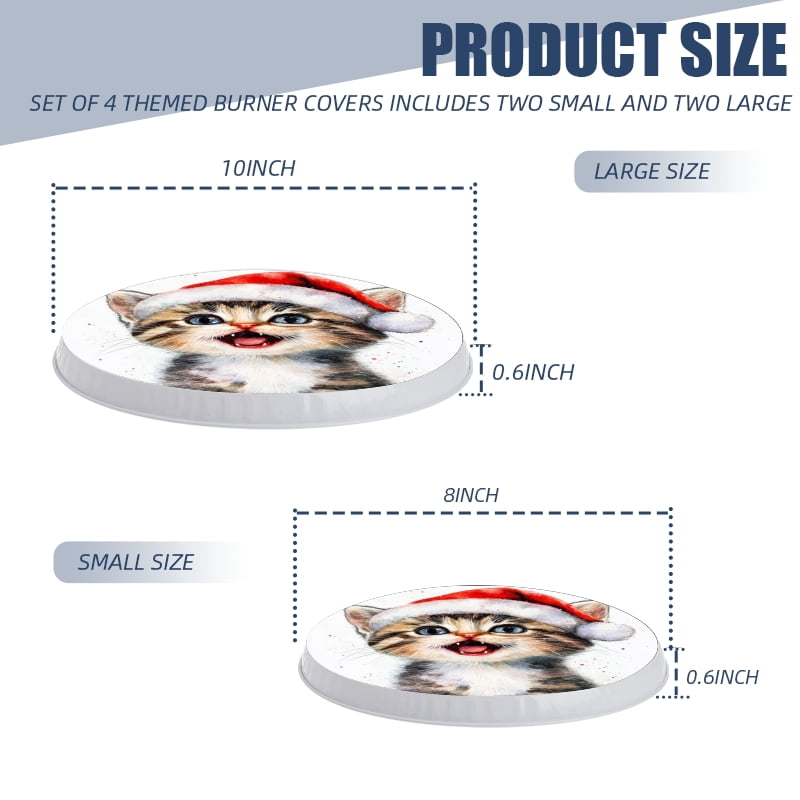 Christmas Gas Stove Burner Covers Set of 4, Cute Kitten in Santa Hat Round Mental Electric Stove Burner Covers Range Top Xmas Holiday Decor for Kitchen, 8 Inches and 10 Inches