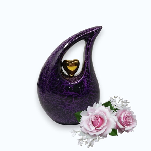 Purple Teardrop Cremation Urn for Human Ashes – Small Keepsake Memorial Funeral Urn, Decorative Ashes Urns with Gold Heart Accent