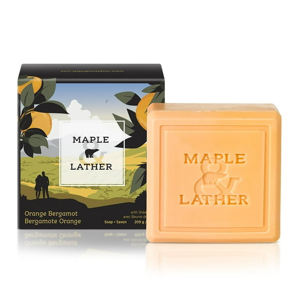 Jabón en barra de triple molienda Maple & Lather con manteca de karité, aroma de naranja y bergamota, hidratante, de larga duración, de origen sostenible, 209 g, fabricado en Provenza, Francia