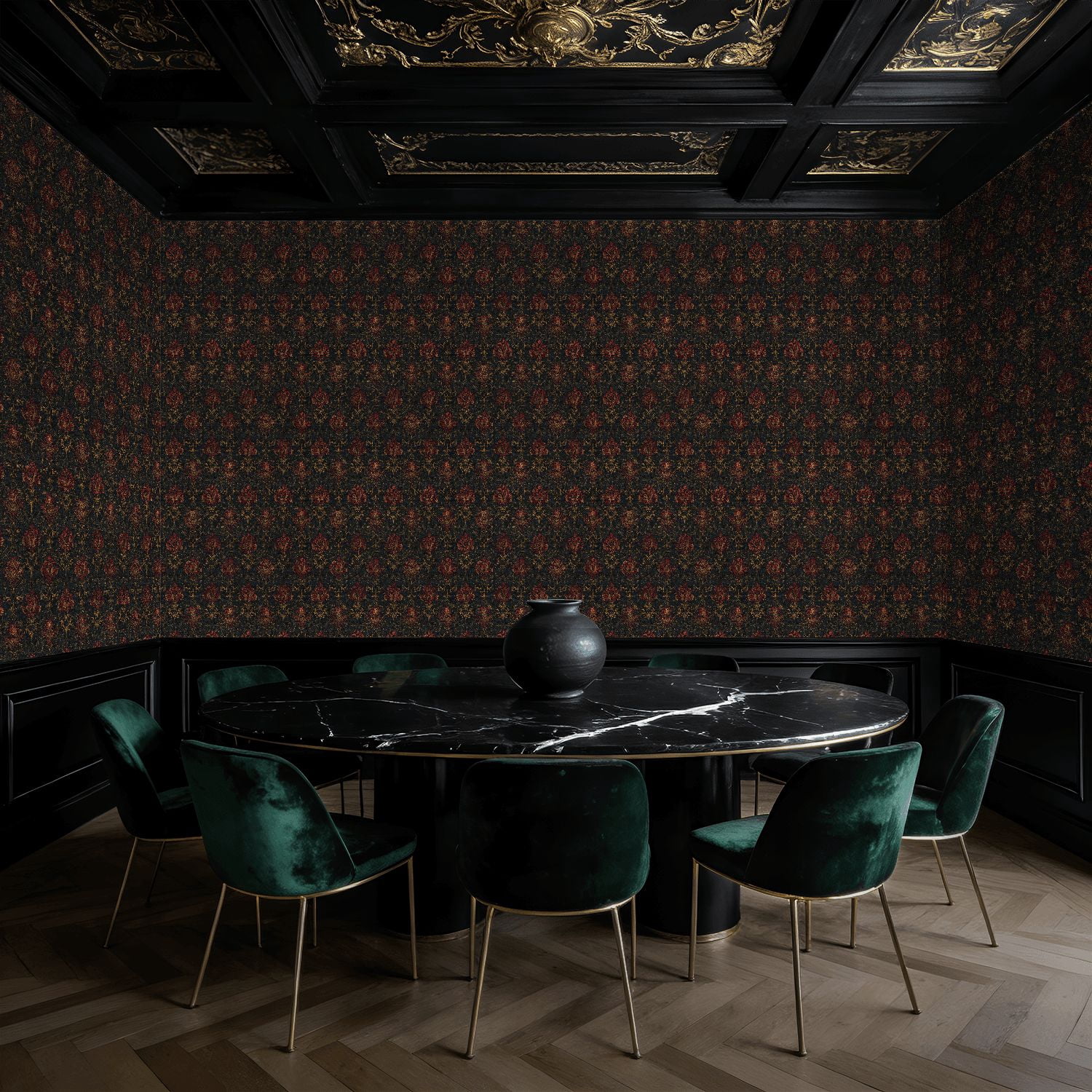 Peel and Stick Wallpaper Elegant Vintage Floral Damask Red Gold Accents Black Wall Mural 17.7in x 9.8ft Self Adhesive Removable Wall Paper Renter Friendly Wallpaper for Nursery Bedroom Cabinets
