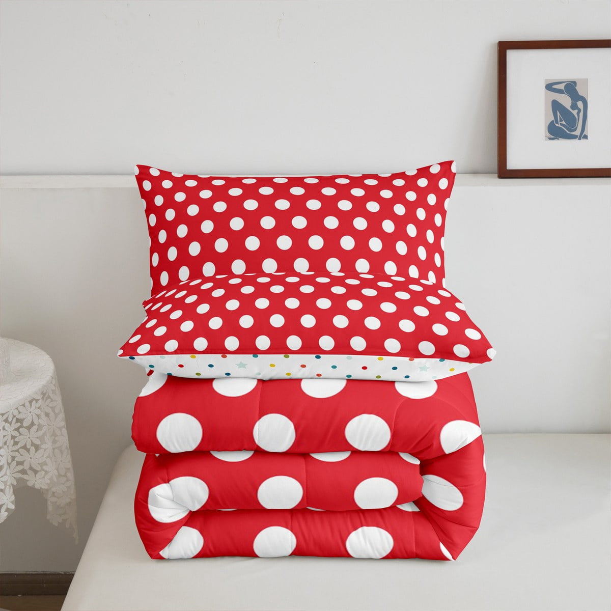 jejeloiu Modern Dot Bedding Comforter Set,Abstract Geometric Geometric Twin Comforter Sets,Red White Bedding Set,Breathable Bedroom Decor Reversible,2pcs