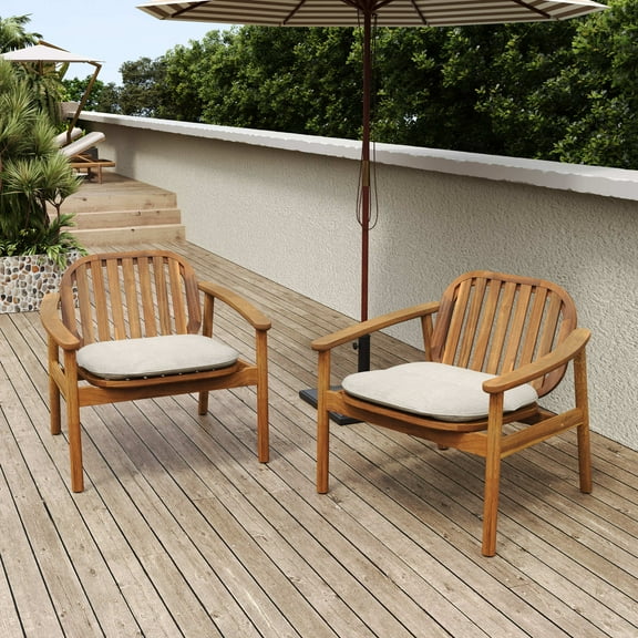 Christopher Knight Home Outdoor Lounge Chair with Cushion, Solid Wood Frame with Slatted Design, Teak Beige, Set of 2