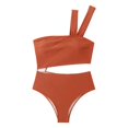 thumbnail image 4 of TODOZO One Piece Swimsuit Women Tummy Control Women's One- Piece Swimsuit Solid Color One Shoulder High Waist Swimsuit Halter Bathing Suit Slimming Hollow Out Swimwear Brown M, 4 of 5