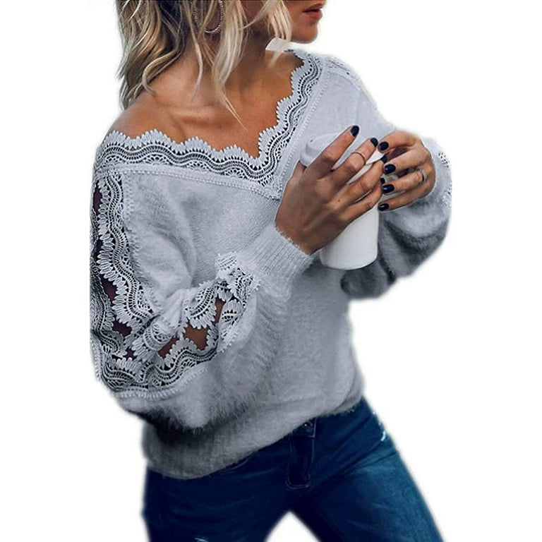 Pikadingnis Women Sexy Deep V Neck Lace Fluffy Knitted Sweater Tops Casual Long Sleeve Slouchy Pullover Sweaters, Adult Unisex, Size: Small, Gray