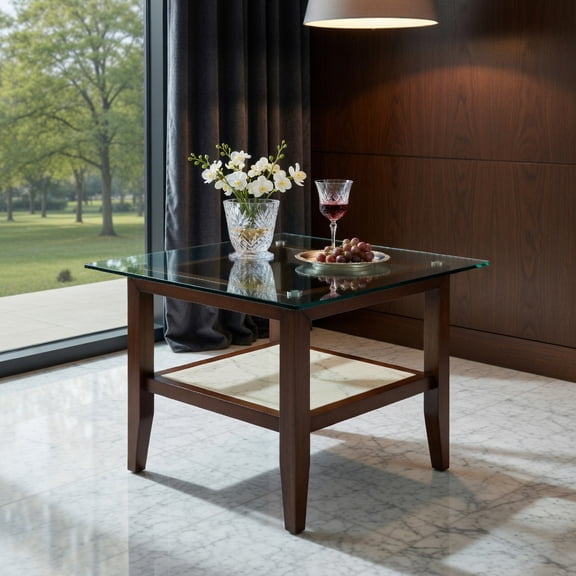 Yardi Yard 24 Inch 2-Tier Square Glass Coffee Table Center Table with Storage Shelf-Brown