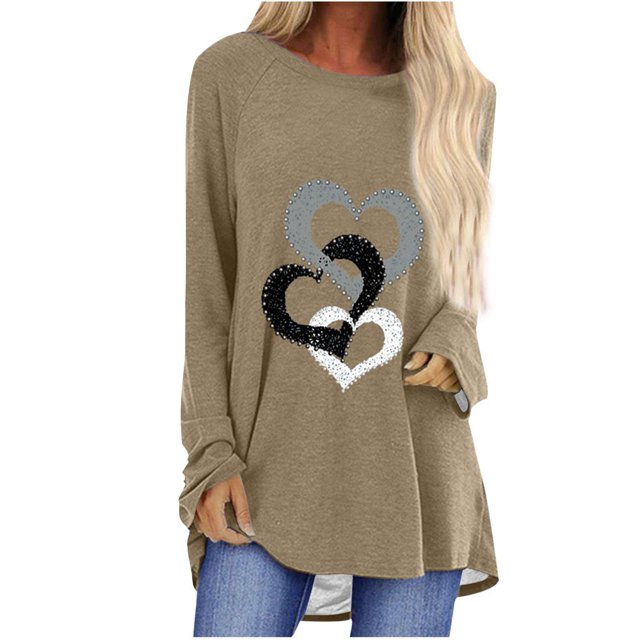 Long Sleeve Shirts for Women Dressy Casual Crew Neck Hem Flowy Tops Color Block Geometry Printed Oversized Loose Tunic Shirts Graphic Tees for Spring Fall #B06-Orange S