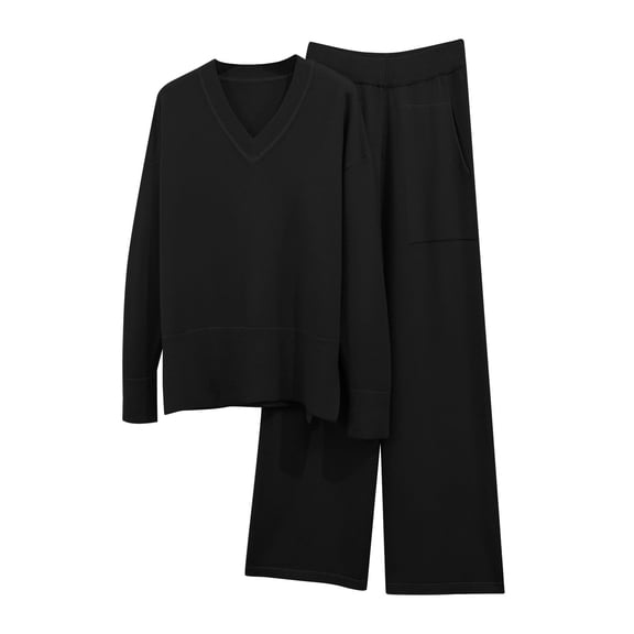 YUGYXL Women Loose Solid Suits V-Neck Pullover Knit Sweaters Tops Wide Leg Pants Two Piece Outfits Black S