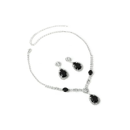 Around Crystal - Silver Crystal Rhinestone with Crystal Rhinestones Around a Dangling Large Jet Stone Necklace with Matching Earrings Jewelry Set