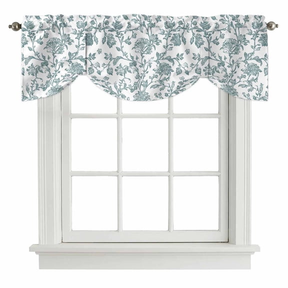 Teal Blue Green Tie Up Valance Curtains for Windows, Kitchen Curtains Window Shades, Vintage Farmhouse Boho Flower Leaf Light Filtering Roman Curtain Valances for Bedroom/Bathroom/Cafe 42"x12"