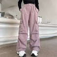 thumbnail image 2 of HAiming Girls Cargo Pants Casual Elastic Waist Straight Wide Leg Loose Workout Hiking Pants with Multi Pockets, 2 of 5
