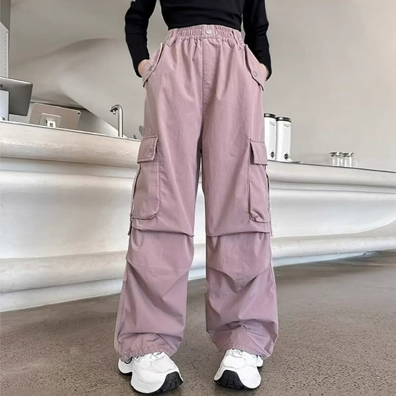 Gamivast Wide Pants for Girls Size 5-15 Lightweight Straight Elastic Waist Cargo Pants with Multiple Pockets Athletic Baggy Pull on Sweatpants Casual Pant for Kids Teen