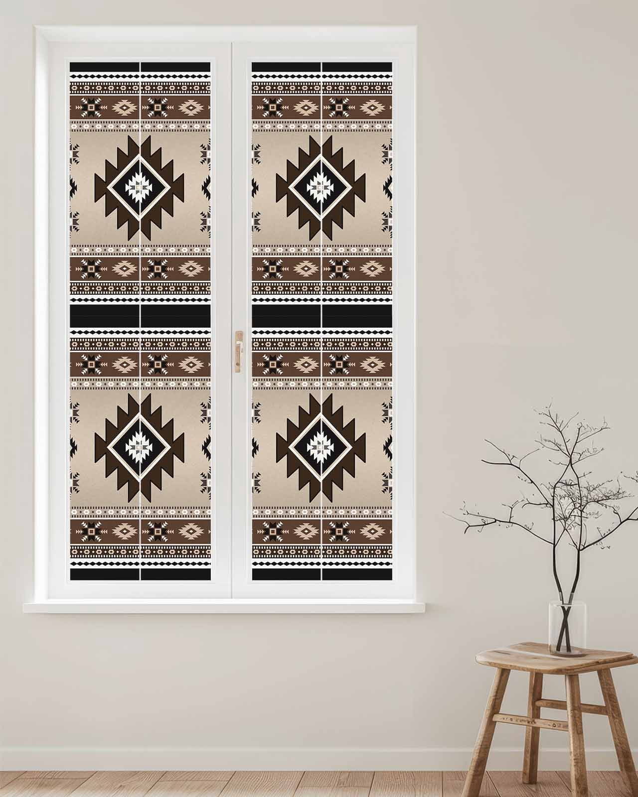 Window Privacy Film Brown Aztec Stained Glass Window Film Decorative Sun Block Window Cover Boho Southwest Ethnic Neutral Motifs Window Clings Static Adhesive Sticker for Bathroom 29.5"x118"