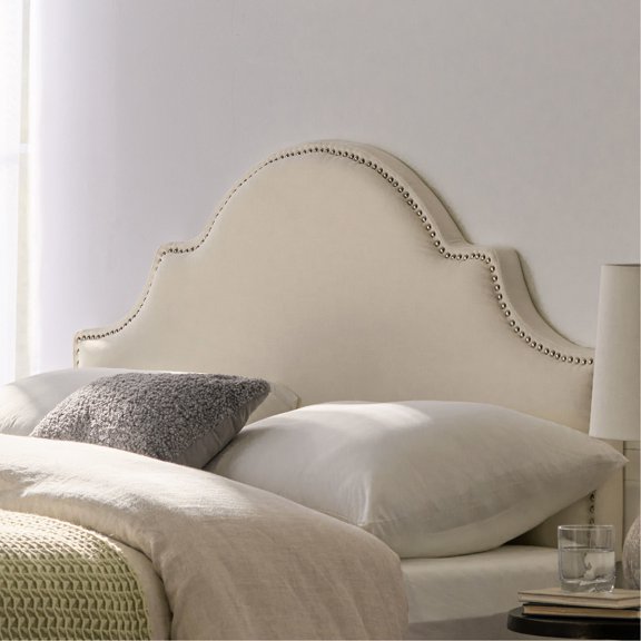 Queen & Full Sized Headboard, Fabric Upholstery, Graceful Shape, Studded Rim, Adjustable Feet For Elegance And Balance Headboard Beds, Fabric, Arched Silhouette, Trim