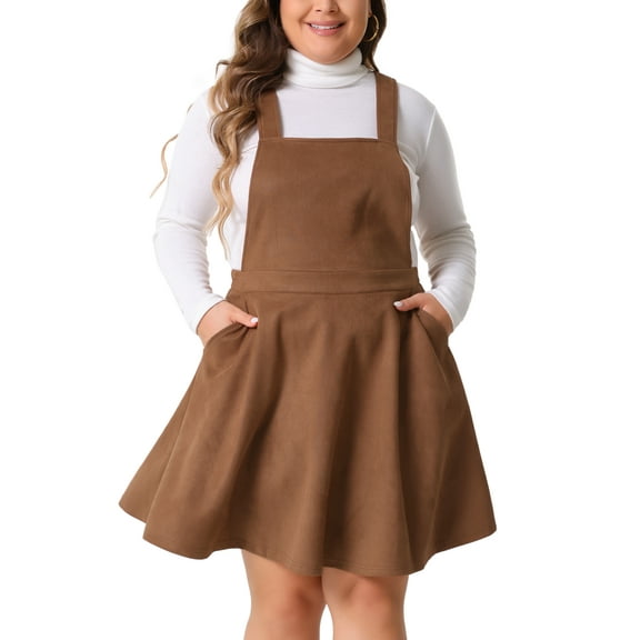 Agnes Orinda Plus Size Pinafore Overall Dress for Women Adjustable Strap Casual Vintage Faux Suede Dresses 2X Brown