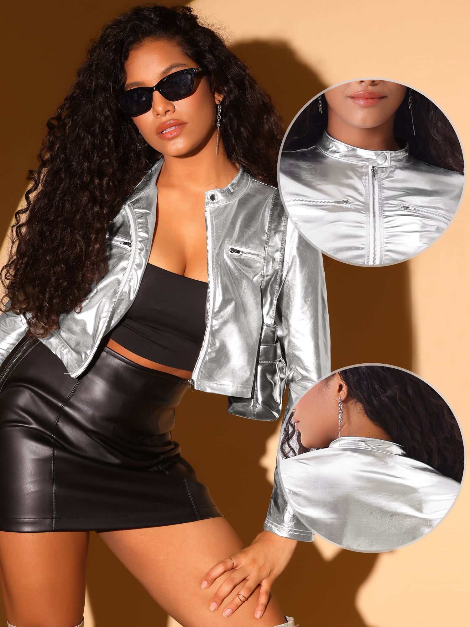 DARING DIVA Women's Cropped Jacket Metallic Stand Collar Long Sleeve Crop Jackets S Silver
