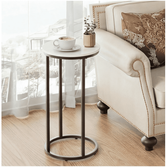 C-Shaped Round Sofa Side Table, Sturdy Metal & Wood Construction End Table, Multipurpose Snack Table, Space-Saving Design for Living Room, Bedroom & Tight Spaces