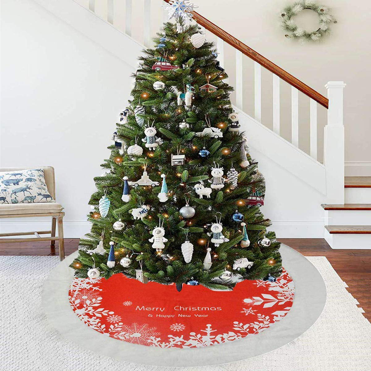 Red Plush Christmas Tree Skirt with White Trim 40 Inch Diameter Decoration 