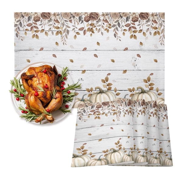 White Pumpkin Placemats Set of 2, Fall Thanksgiving Heat Insulated Linen Place Mats, Washable Stain-Proof Table Mats for Dining Tables Holiday Decor 13x19 Inches