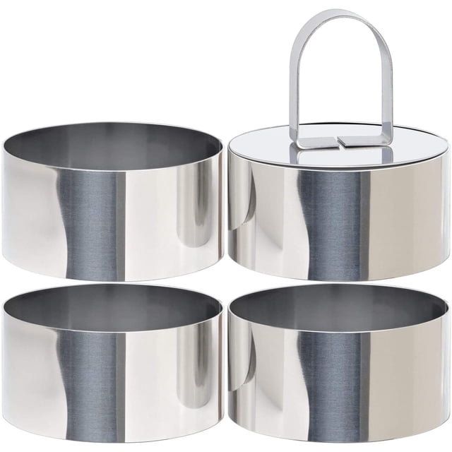 Round Cake Ring, Stainless Steel 3 x 3 inch Dessert Mousse Mold with Pusher & Lifter Cooking Rings (Include 4 Rings and 1 Pusher)