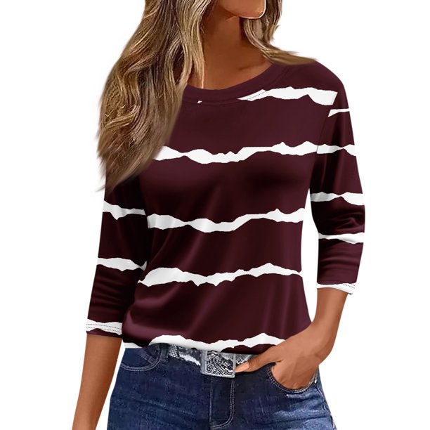 moda de las mujeres casual cuello redondo manga 3/4 suelta impresa camiseta damas top vino/xl