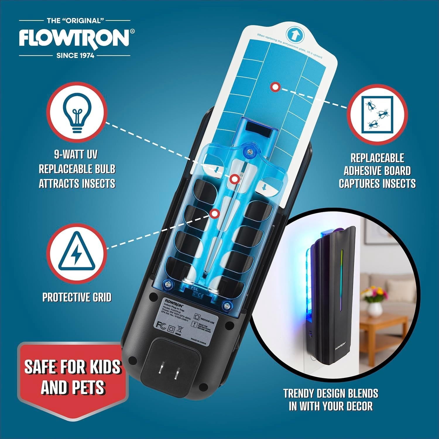 Flowtron Indoor Fly Trap, 9W UV Light, Silent Mosquito & Gnat Catcher, 375 Sq Ft - Black