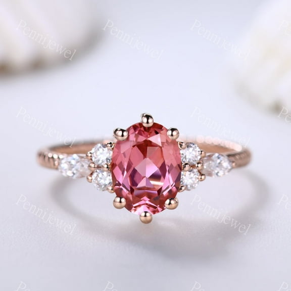 Padparadscha Sapphire Engagement Ring,Sapphite Jewelry Ring,Infinity Moissanite Band,Art Deco Ring For Women,Wedding Anniversary Bridal Gift