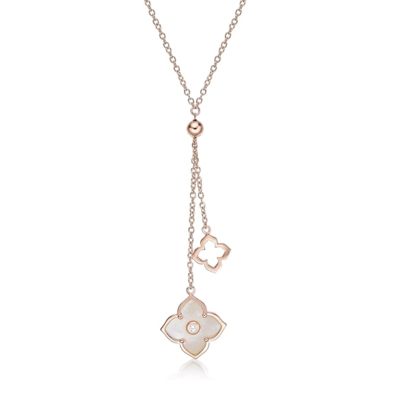 Lavari Jewelers Flora Women's Mother of Pearl Double Flower Pendant Necklace in Rose Gold Sterling Silver with Cubic Zirconia - 16- 18 Inch Adjustable Cable Chain