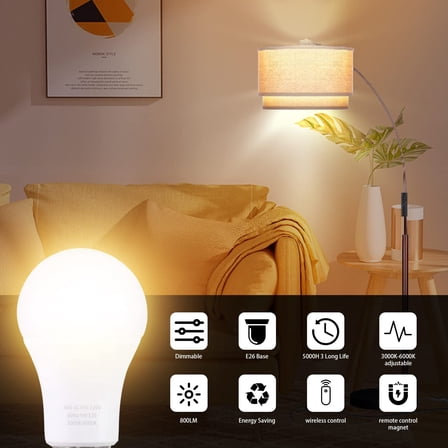 OPVM-A19 LED Light Bulbs with Remote Control, 800LM 9W (60W Equivalent) Bulbs,Stepless Dimmable 3000K-6000K,E26 Base,CRI 80 ,2.4GHz,25000  Hours Lifespan,Light Bulb for Home Decor,2Bulb & 1Remote