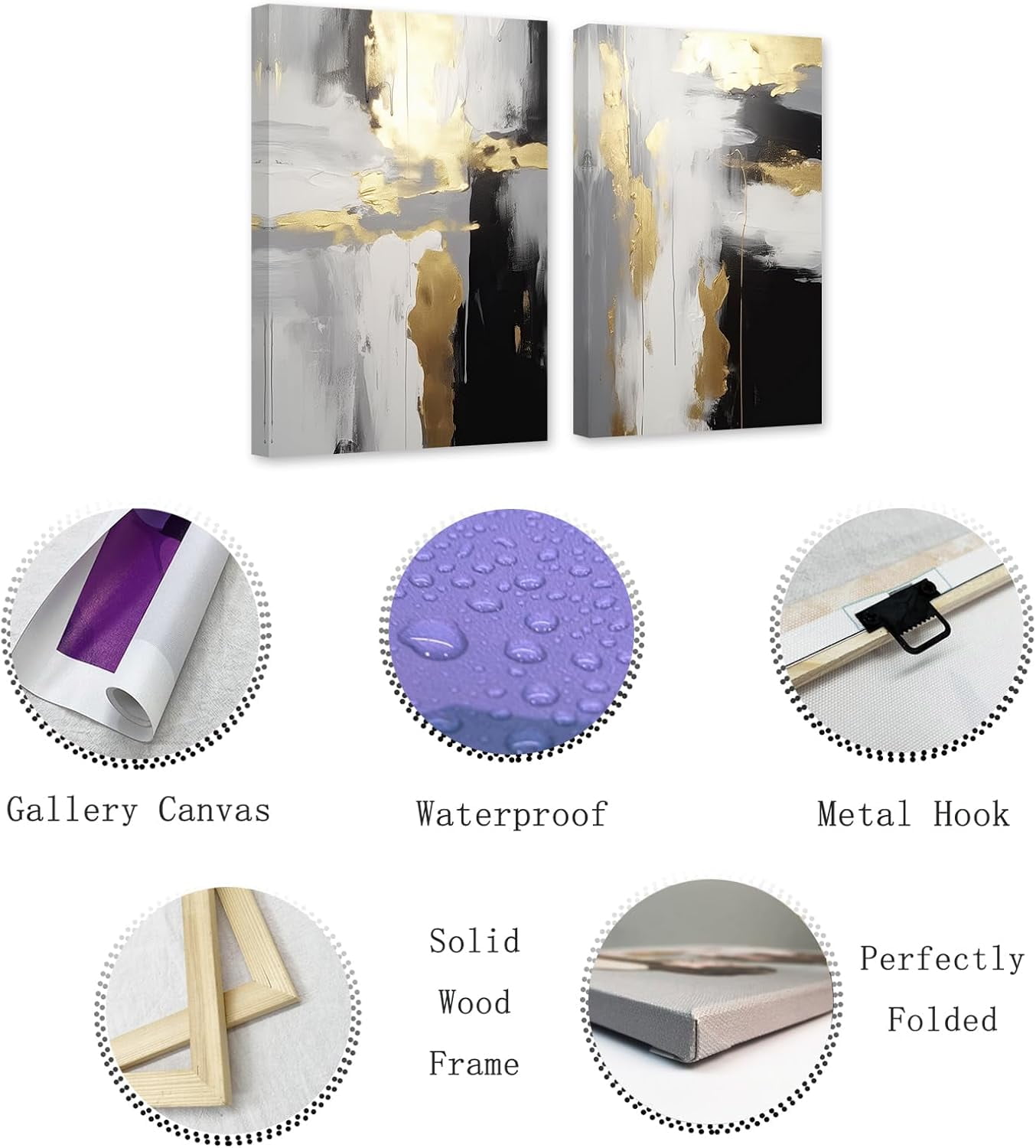 ZHONGYUTONG Abstract Black White & Gold Wall Decor 2 Pieces Abstract Canvas Art Prints Paintings Modern Artwork for Living Room Bedroom Decor (11.00" x 14.00" x 2PCS)