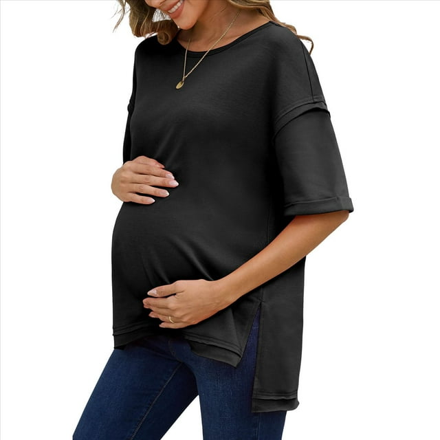 Camiseta Holgada de Algodón de Color Liso con Cuello Redondo y Aberturas Laterales, Talla XXXL, Color Negro
