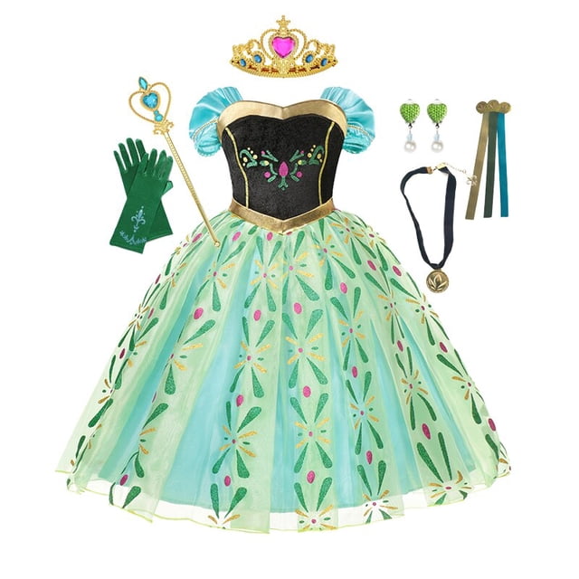 Disney Frozen Anna princesa vestido para niñas Puff manga malla vestido de graduación niños Navidad Cosplay Snow Queen fiesta de cumpleaños disfraces 5-6T (etiqueta 130) Gao Jinjia LED