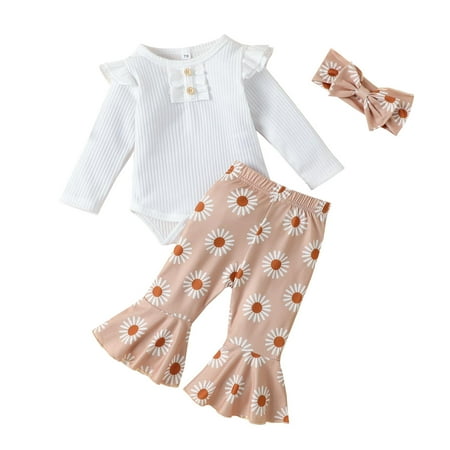 

ZMHEGW Toddler Baby Girl Clothes Long Sleeve Ribbed Romper Bodysuits Flowers Trumpet Pants Headbands Outfits For Girl 6-12 Months