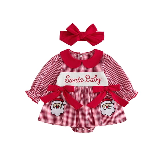 RUINIXCW Baby Girl Christmas Bodysuit Long Sleeve Plaid Romper Dress and Headband