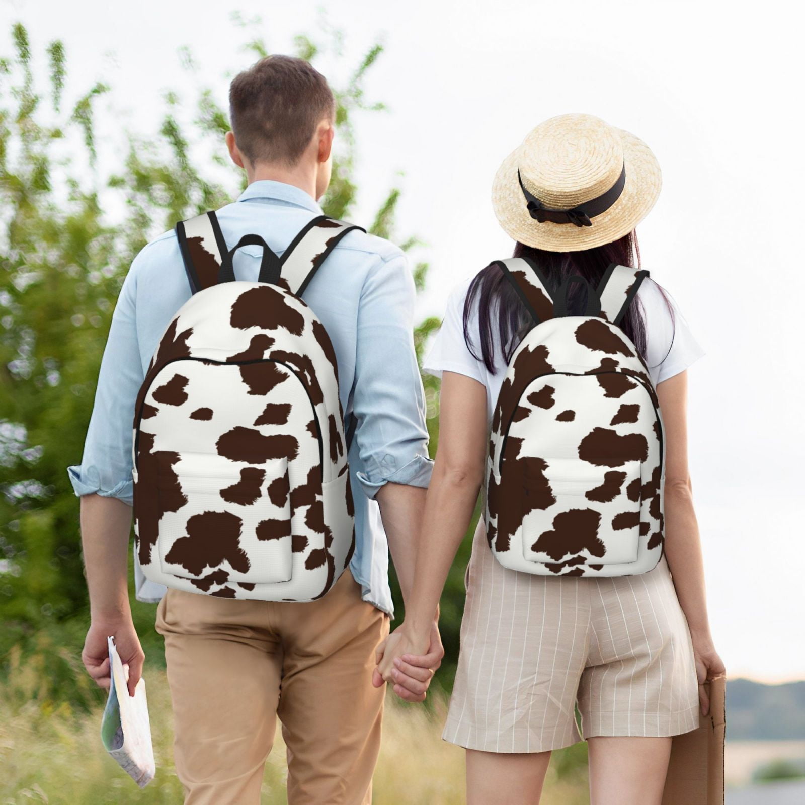 Picia Brown Cow Printed Canvas Daypack - Stylish and Durable Vintage Compact Backpack - Class, Work, Travel, or Laptop Bookbag,Organized Compartments-Medium