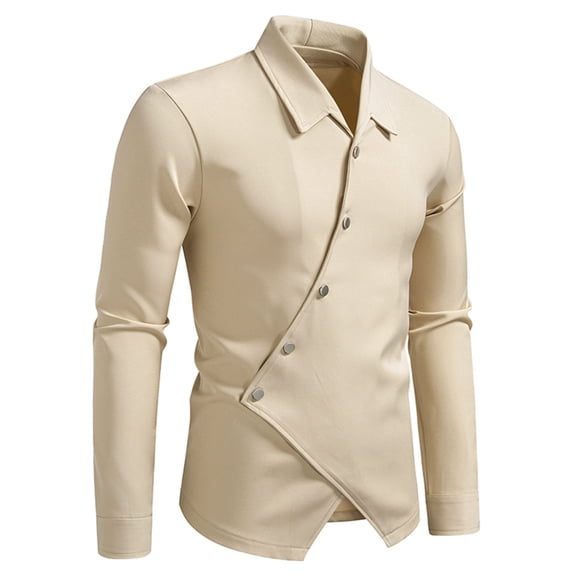 DAFPZW Irregular Button Shirts for Men Fall Long Sleeve Solid Dress Shirt Fashion Turndown Collar Tops Casual Wedding Shirt