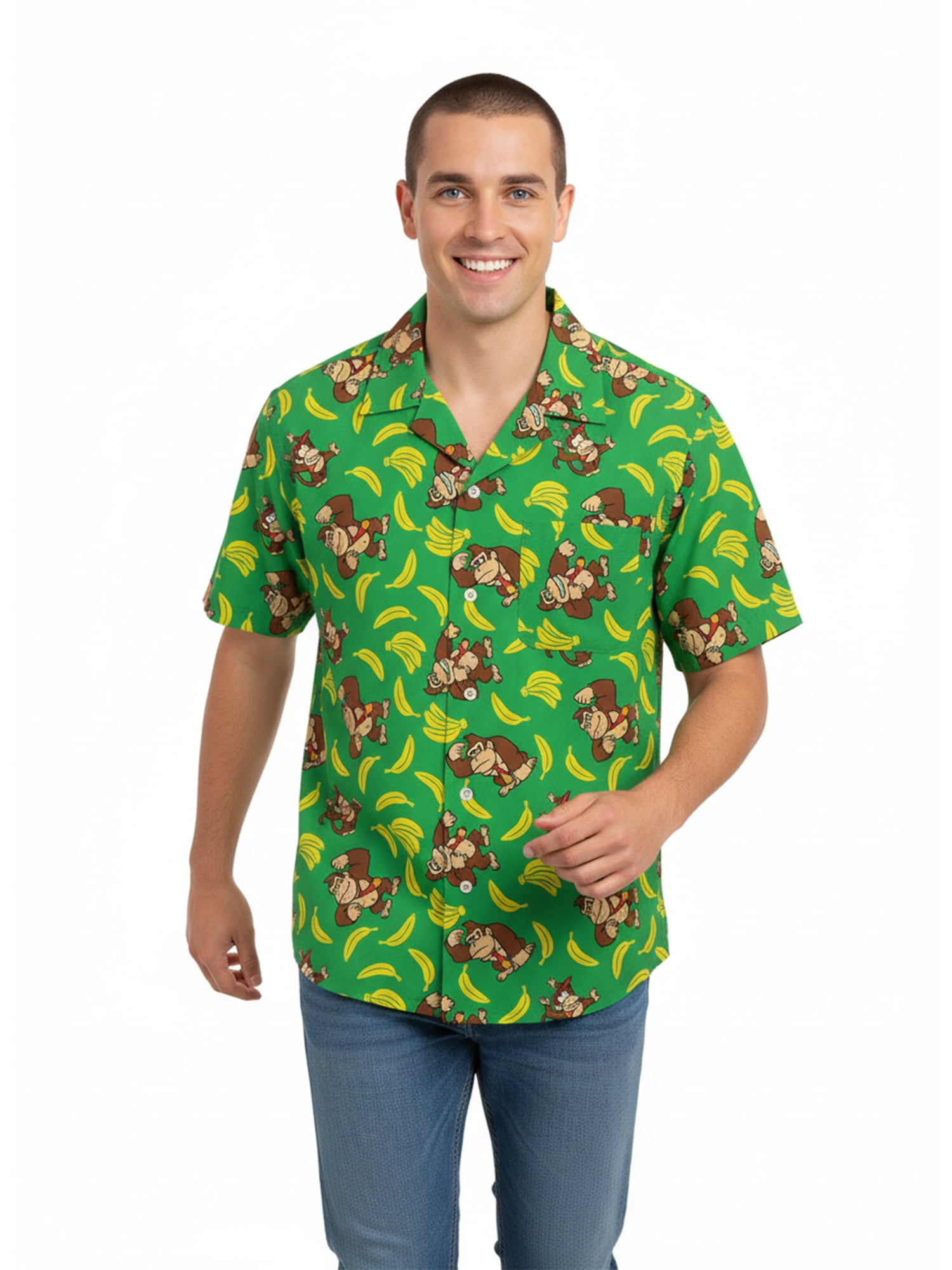 Donkey Kong Men’s Short Sleeve Button-Up Camp Shirt, Sizes S–3XL