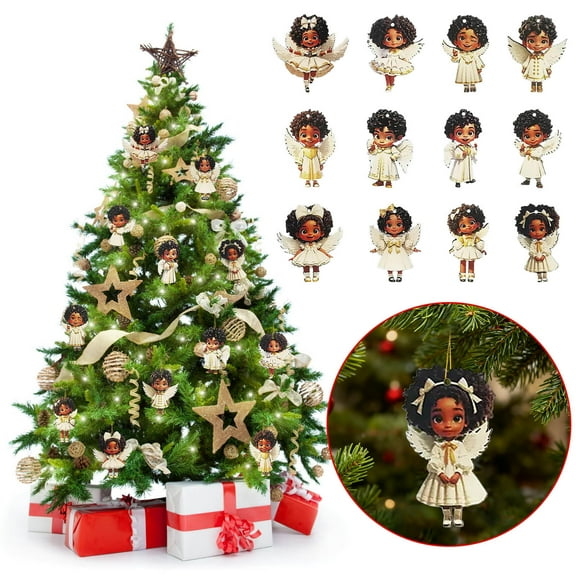 Antqov Black Angel Christmas Ornaments 12PCS Wooden Christmas Tree Decoration Small Angel Hanging Decorations Figure for Holiday Party Home Decor Gifts for Women