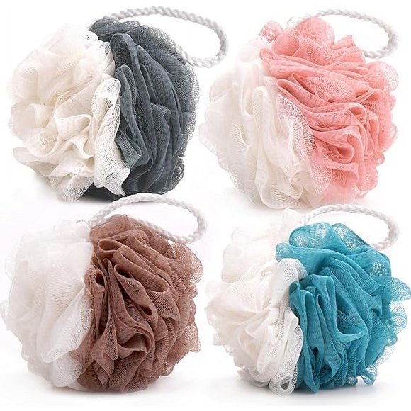 OKAKA Bath Sponge Loofah Sponge Bath Puffs Shower Pouf Soft Patchwork Color 4 Pack