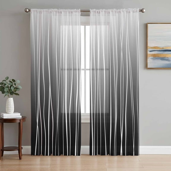 Black White Semi Sheer Curtains 108 Inch Length 2 Panels Set, Ombre Gradient Striped Minimalist Texture Sheer Kitchen Curtain Privacy Voile Window Curtain for Living Room Bedroom Rod Pocket Drapes