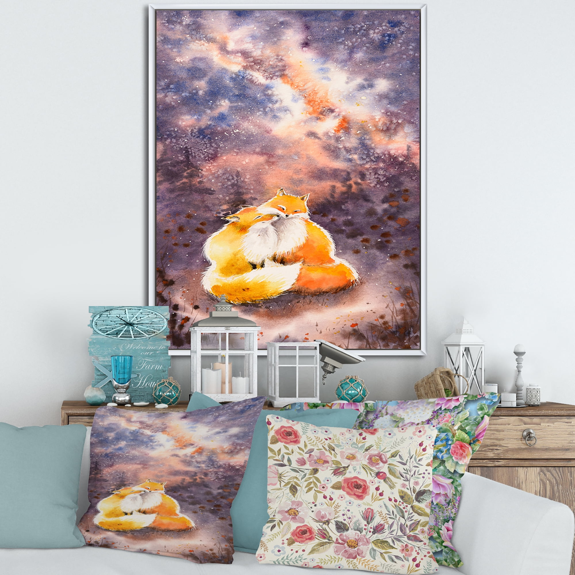 Designart 'Foxes Over A Night Sky Hugging ' Children's Art Framed Canvas Wall Art Print