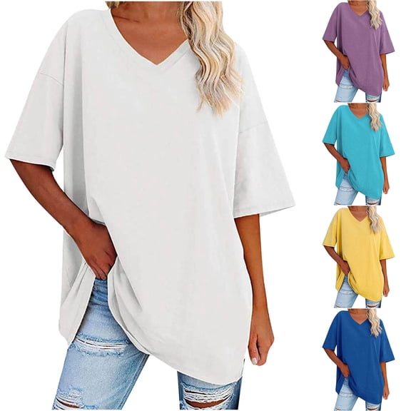 Fesfesfes T Shirts for Women's New Solid Loose Half Sleeve V-Neck Cotton Waist Short Sleeve V-Neck Tops Women Clothing 10(XL)