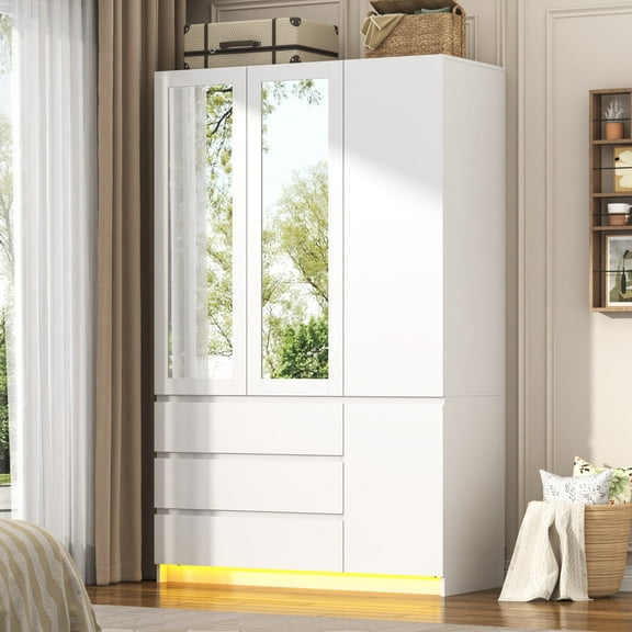 75" Tall 3 Doors Armoire Wardrobe Closet with  3 Drawers and Mirror, Large Wardrobe Closet for Bedroom with LED Lights, Wooden Armoire Storage Cabinet with Hanging Rod, Adjustable shelves (White)