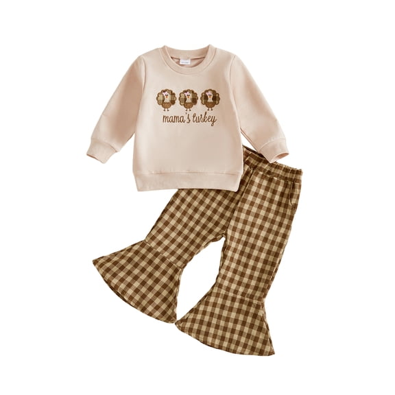 RUINIXCW Toddler Baby Girl Thanksgiving Outfit Infant Girl Fall Winter Clothes Turcky Embroidery Long Sleeve Sweatshirt Tops Plaid Flared Pants Set