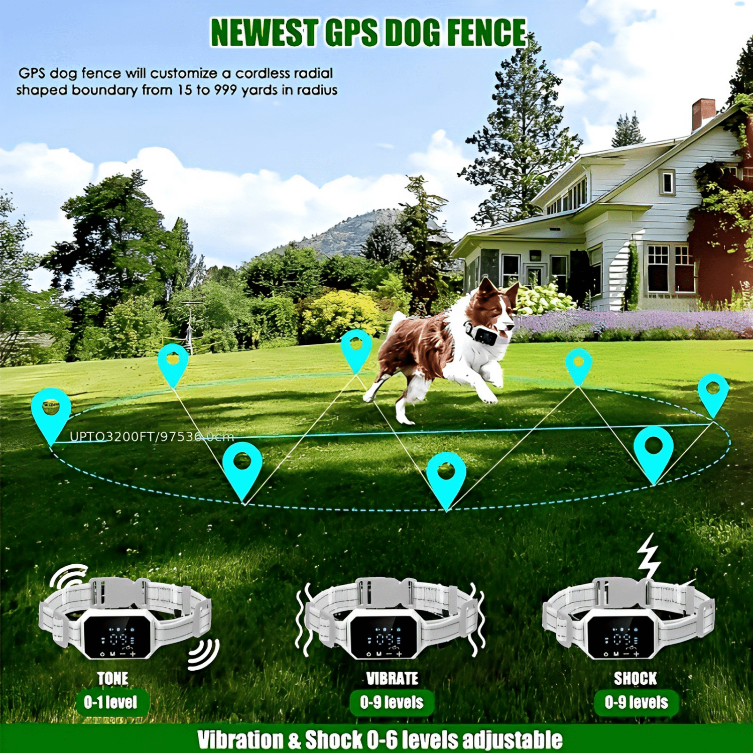 GPS Dog Collar, Wireless Dog Fence 100–3280 ft Circular Boundary, Adjustable Range, IP67 Waterproof Training Collar, Pet Boundary Container, Suitable and Harmless for All Dogs,White