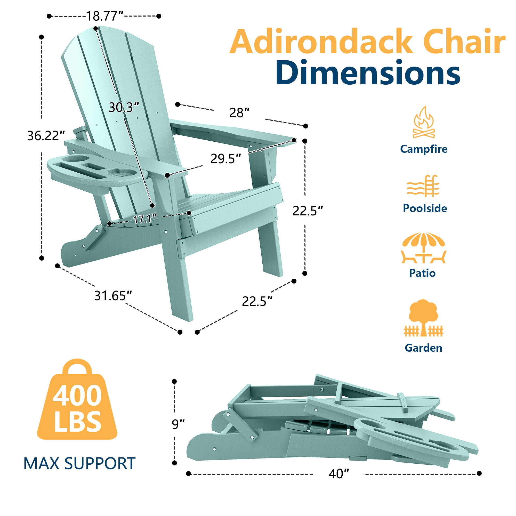 FOOWIN Folding HDPE Adirondack Chairs Set of 6, Aruba Blue