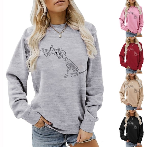 WEIWEN Retro Cute Skeleton Hand Boop Dog Halloween Sweatshirt for Women Fashion Clothing Dressy Causal Long Sleeve Fall Outfits Womens Sweaters Grey, S
