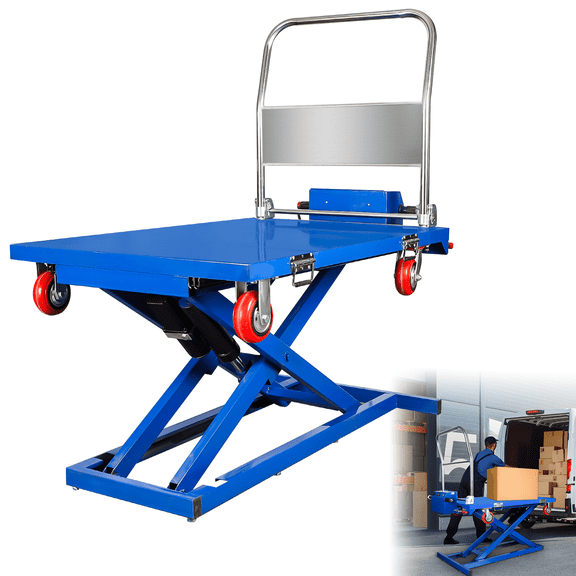 RXFSP 600lbs Electric Lift Table Cart, 48V Hydraulic Scissor Lift Truck with 43" Height, One-Touch Control & Locking Casters for Warehouse/Truck Loading